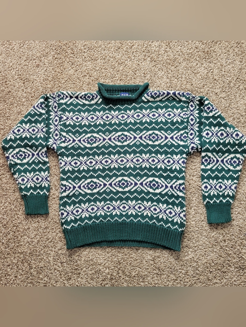 Vintage Gap Sweater 100% Cotton Rollneck Fair Isle Green Blue Ivory Medium